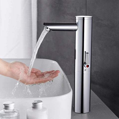 Touchless Bathroom Sink Faucet With Infrared Sensor And Temperature Control Hands Free Tall Body For Commercial Brass Use Adjustable Cold And Hot Water One Hole Single Handle Basin Vessel Auto Water Mixer Chrome Finish installed by white basin with water flowing onto hand