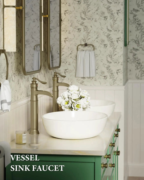 Brass Construction Black And Gold Vessel Sink Faucet With Tall High Arc Body, Single Hole Waterfall Spout on modern vanity