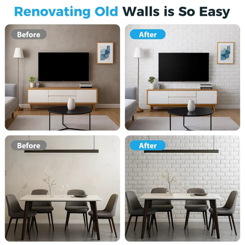 Before and after images showing the installation of Peel And Stick 3D Brick Wall Panels White Faux Paneling Waterproof Self Adhesive Wallpaper
