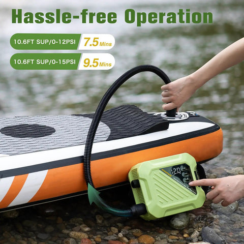 Electric Paddle Board Pump 20 PSI High-Pressure Rechargeable SUP Air Pump inflating board by water.