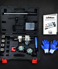 Pro Grade Brake Line Flaring Tool Kit with 37 and 45 degree flare sets, open case showing tools, gloves, and manual on black background