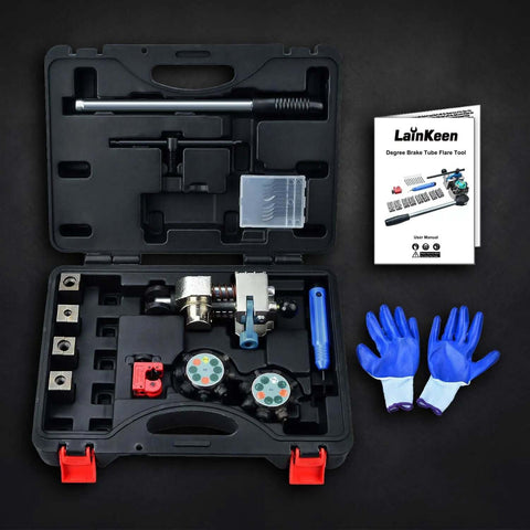 Pro Grade Brake Line Flaring Tool Kit with 37 and 45 degree flare sets, open case showing tools, gloves, and manual on black background