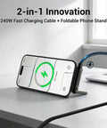 2-In-1 Holder Charger Cable With Stand, 240W PD Fast USB-C To USB-C And USB-C To Lightning Cable, phone on desk stand.