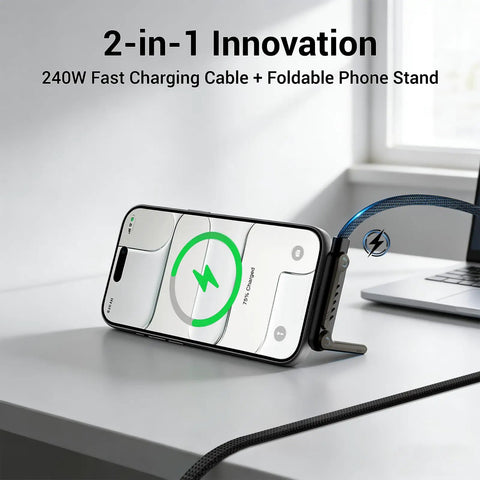 2-In-1 Holder Charger Cable With Stand, 240W PD Fast USB-C To USB-C And USB-C To Lightning Cable, phone on desk stand.