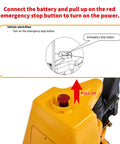 Apollolift 3300 Lb Electric Pallet Jack Truck With 48 By 27 Inch Forks showing emergency stop button and battery connection process.