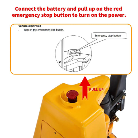 Apollolift 3300 Lb Electric Pallet Jack Truck With 48 By 27 Inch Forks showing emergency stop button and battery connection process.