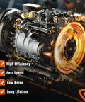 High efficiency, fast speed, low noise, long lifetime engine illustration with mechanical components and spinning elements.