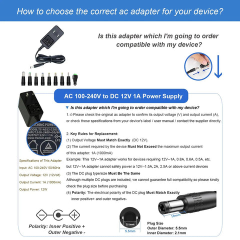 Diagram showing Go-To 12V 1A 12W Universal AC DC Power Adapter with nine interchangeable jacks, compatibility details, and plug size.