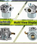 Multi-view display of carburetor replacement for 591925 fits Craftsman tillers and chippers with air filter and fuel hose.