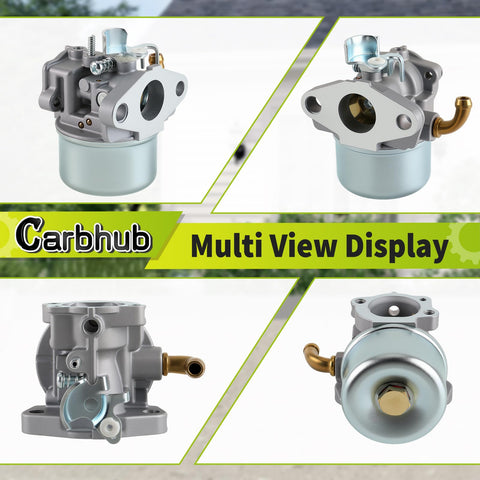 Multi-view display of carburetor replacement for 591925 fits Craftsman tillers and chippers with air filter and fuel hose.