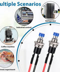 12 Pack 7mm Momentary Push Button Switches, 12V Prewired shown with usage scenarios including industrial control and coffee machine.