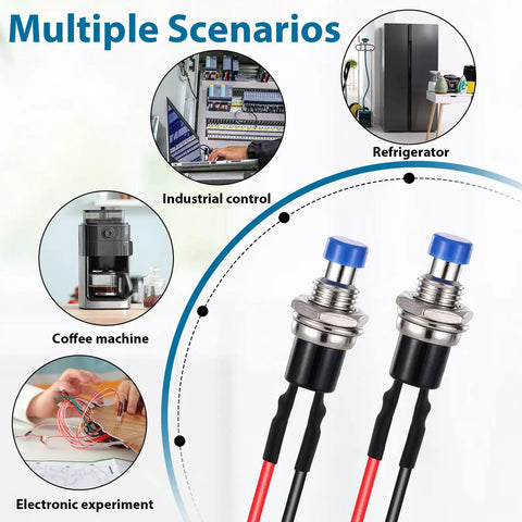 12 Pack 7mm Momentary Push Button Switches, 12V Prewired shown with usage scenarios including industrial control and coffee machine.