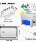 Top Shelf Ultrasonic Cleaner Featuring A Rock Solid 6 Liter Stainless Steel Tank And 200 Watt 40 Khz Heating Function, showing 6L tank and cleaning basket.