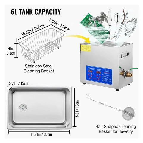 Top Shelf Ultrasonic Cleaner Featuring A Rock Solid 6 Liter Stainless Steel Tank And 200 Watt 40 Khz Heating Function, showing 6L tank and cleaning basket.