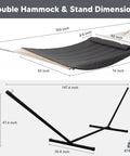 Dimensions of Two Person Outdoor Hammock With Stand And Carry Bag, Cotton Rope Hammock With Detachable Reversible Quilted Polyester Pad, Dark Gray