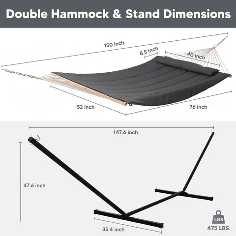 Dimensions of Two Person Outdoor Hammock With Stand And Carry Bag, Cotton Rope Hammock With Detachable Reversible Quilted Polyester Pad, Dark Gray