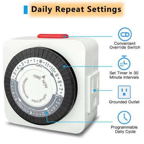Smooth 24 Hour Dual Wall Outlet Timer Two Pack Indoor Plug In Clock Controller showing daily repeat settings and grounded outlet.