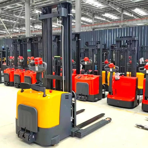 Heavy Duty Electric Warehouse Stacker And Powered Pallet Lifter For Smooth Material Handling In Industrial Warehouses, featuring a yellow and gray compact frame.