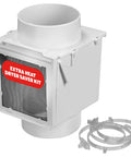 No Brainer Extra Heat Dryer Saver For 4 Inch Ducts With Two 4 Inch Plastic Clamps in white, shown with extra heat dryer saver kit.