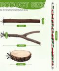 Top Notch Nine Piece Apple Wood Bird Perch Bundle With Heavy Duty Rope Ladder And Raw Bark Platform For Parrot Cage Must Haves, sizes displayed for small birds.