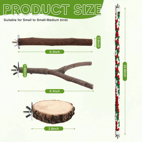 Top Notch Nine Piece Apple Wood Bird Perch Bundle With Heavy Duty Rope Ladder And Raw Bark Platform For Parrot Cage Must Haves, sizes displayed for small birds.