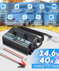 Beefy 14.6V LiFePO4 Battery Charger displayed with cables and connectors, 40A Fast Wake Up for 12.8V Deep Cycle LiFePO4 Batteries