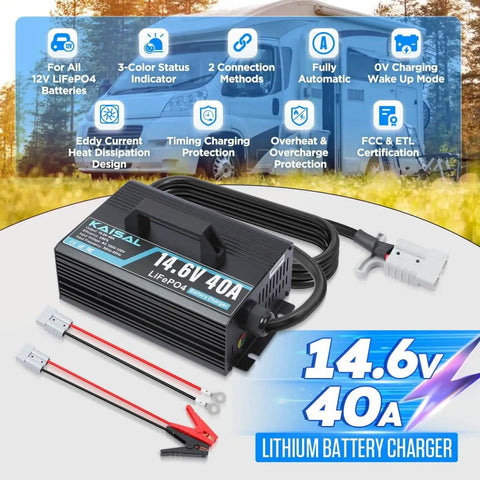 Beefy 14.6V LiFePO4 Battery Charger displayed with cables and connectors, 40A Fast Wake Up for 12.8V Deep Cycle LiFePO4 Batteries