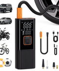 No Fuss Portable Tire Inflator, 180 PSI Rapid Output Air Compressor with digital display and accessories for cars, bikes, and sports gear.