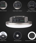Close-up of Waterproof Portable LED Camping Light with 5000 Lumens showing battery indicator, type-C port, hidden hook, and magnets.