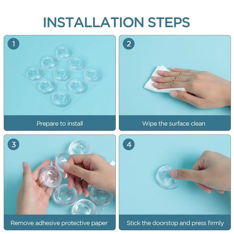 Installation steps for Transparent Door Stop Set With 9 Self-Adhesive Bumpers, 50x15 Mm Clear Gel Wall Protectors for walls and furniture.