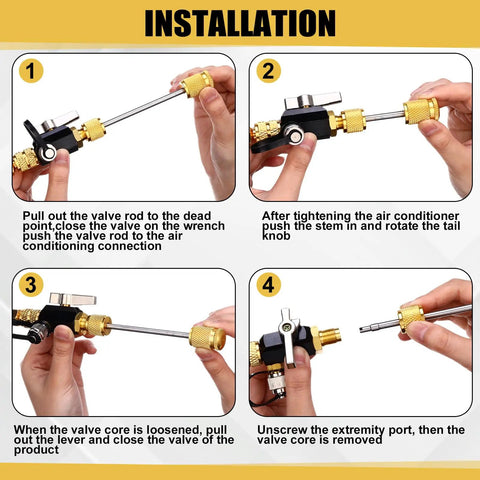 HVAC Vacuum Rated Valve Core Remover And Installer Tool Set with brass fittings, used for refrigeration valve core installation