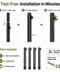 Tool-free installation guide for Heavy Duty Adjustable Table Leg Extenders, demonstrating steps and components.