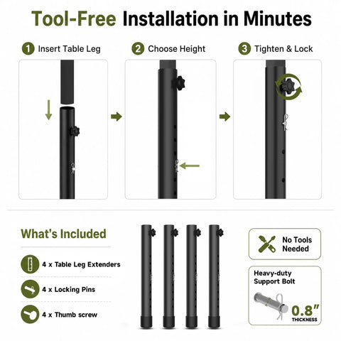 Tool-free installation guide for Heavy Duty Adjustable Table Leg Extenders, demonstrating steps and components.