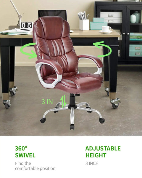 Ergonomic High Back Office Chair With PU Leather Adjustable Desk Chair Swivel Task Chair With Armrests And Lumbar Support Easy Assembly Height Adjustable Tilt All Day Comfort Brown shown in office setting with swivel and adjustable features.