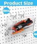 Sweet 4 Piece Pegboard Bins Set With Metal Hooks For Garage Organization Clear Plastic Bins 7.9 By 3.3 By 4.7 Inches displayed on pegboard