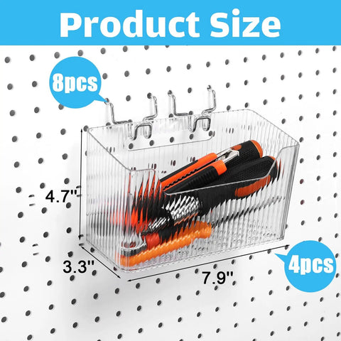Sweet 4 Piece Pegboard Bins Set With Metal Hooks For Garage Organization Clear Plastic Bins 7.9 By 3.3 By 4.7 Inches displayed on pegboard