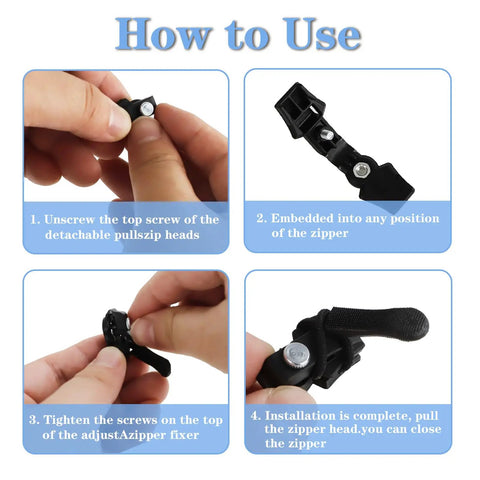 Instructions for using 30 Piece Zipper Repair Kit Universal Zipper Fixer Set With Plastic Detachable Pulls, shown step by step.