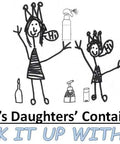 Hand-drawn illustration of two girls with bottles and containers, promoting Dan's Daughters' Containers, WICK IT UP WITH US.