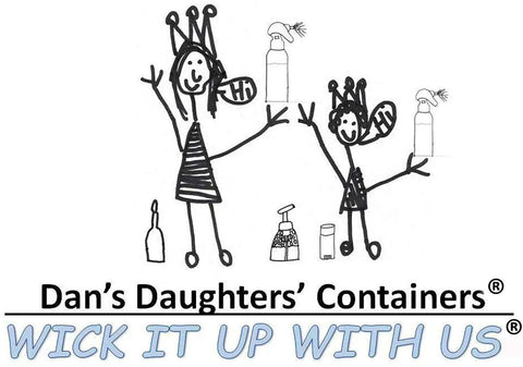 Hand-drawn illustration of two girls with bottles and containers, promoting Dan's Daughters' Containers, WICK IT UP WITH US.