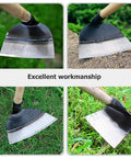 Heavy Duty Garden Hoe Tool With Solid Manganese Steel Blade in use for weeding and digging in backyard and farm soil.