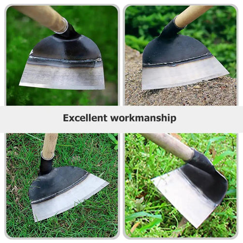 Heavy Duty Garden Hoe Tool With Solid Manganese Steel Blade in use for weeding and digging in backyard and farm soil.