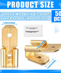 Close-up of 50 Pcs Piggyback Spade Connectors Kit, 3-Way Adapter Dual Male to Single Female Brass Quick Splice Spade Terminal Connectors, Uninsulated