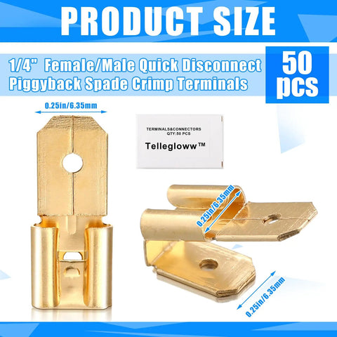 Close-up of 50 Pcs Piggyback Spade Connectors Kit, 3-Way Adapter Dual Male to Single Female Brass Quick Splice Spade Terminal Connectors, Uninsulated