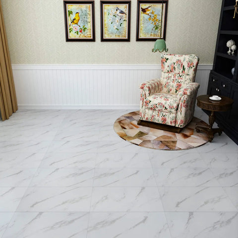 Room with floral armchair on Peel And Stick 12x24 White Marble Vinyl Floor Tile For Bathrooms And Kitchens Waterproof Self Adhesive Removable Flooring 12 Pack Covers 24 Sq Ft Easy Install Garage Backsplash