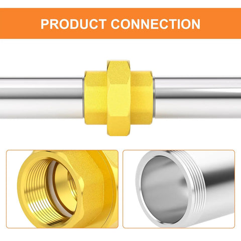 Brass Union Pipe Fitting 1-1/2 Inch Female Connector For Plumbing shown joining two metal pipes, close-up views of threads