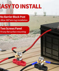 Badass 12V 150A Power Distribution Block Four Pack Premium Copper Busbar Terminal mounted on a battery with wires connected.