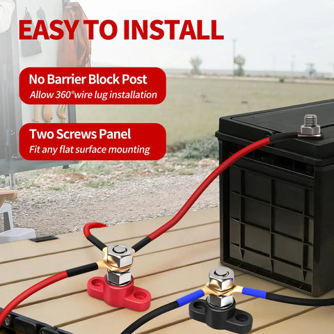 Badass 12V 150A Power Distribution Block Four Pack Premium Copper Busbar Terminal mounted on a battery with wires connected.