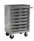 21 Inch Lockable Rolling Tool Chest With Tough As Nails Steel Build And Smooth Ball Bearing Slides Parking Brake Casters For Easy Shop Hopping Sturdy Utility Cabinet For Any Garage Project In Classic Silver with multiple drawers and wheels.