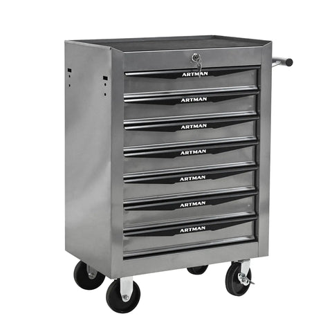 21 Inch Lockable Rolling Tool Chest With Tough As Nails Steel Build And Smooth Ball Bearing Slides Parking Brake Casters For Easy Shop Hopping Sturdy Utility Cabinet For Any Garage Project In Classic Silver with multiple drawers and wheels.
