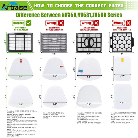 Guide for choosing vacuum filters for NV350, NV581, ZU560 series with dimensions and correct usage instructions.